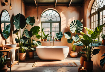 Fototapeta premium Modern bathroom interior with wooden decor in eco style. AI generated.