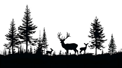 Black silhouette of deer family with baby and forest fir trees wildlife adventure hunting camping landscape panorama illustration icon vector for logo, isolated on white background 