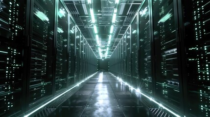 Fototapeta premium Network Servers. Information Technology Center with AI and Artificial Intelligence Backup in Big Data Business Cloud