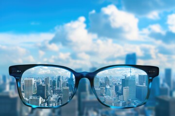 New Vision. Modern Cityscape View Through Clear Eyeglasses with Cloudy Sky Background