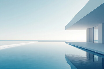 Abstract 3D rendering of minimalist style architectural space scene, mountain and lakeside building