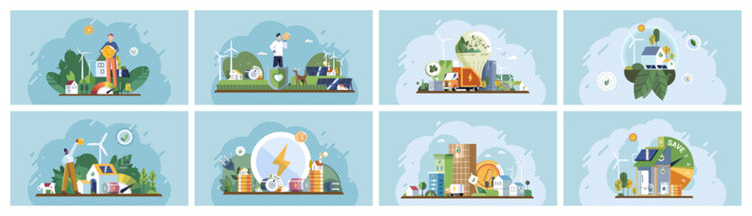 Green technology concept. Various scenes highlighting sustainable living, renewable energy, and eco-friendly innovations. Ideal for renewable energy promotion, sustainable urban development, green