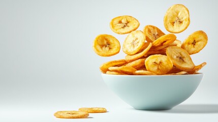 Slices of crispy banana chips flying above a bowl in a bright and clean kitchen setting during the day.