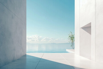Abstract 3D rendering of minimalist style architectural space scene, mountain and lakeside building