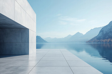 Fototapeta premium Abstract 3D rendering of minimalist style architectural space scene, mountain and lakeside building