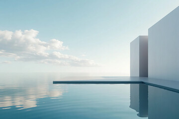Abstract 3D rendering of minimalist style architectural space scene, mountain and lakeside building