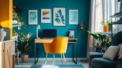 A bright home office featuring a laptop, a comfy chair, and vibrant artwork