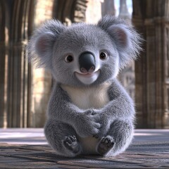Naklejka premium A fluffy koala is smiling directly at the camera, its soft fur beautifully decorated in 4K resolution.