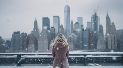 Woman in winter coat facing city skyline during snowfall