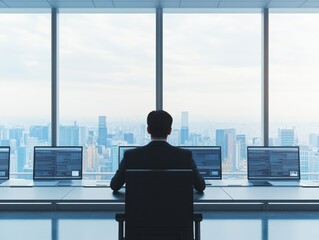 Fototapeta premium Businessman looking out at the city skyline, surrounded by computers, symbolizing technology and corporate success.
