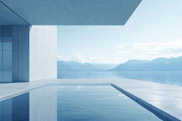 Abstract 3D rendering of minimalist style architectural space scene, mountain and lakeside building