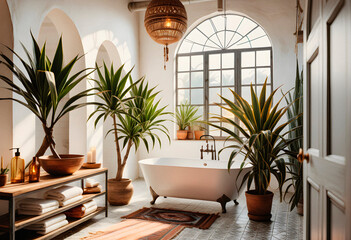 Fototapeta premium Modern bathroom interior with wooden decor in eco style. AI generated.