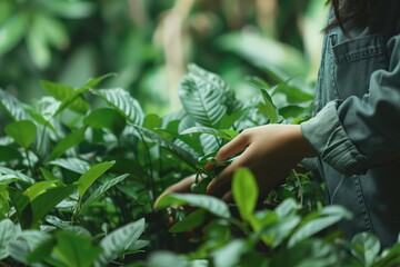 Obraz premium Person tending to green plants, focus on hands and foliage