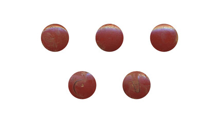 Obraz premium a set of red aged circles, rusty stationery tacks in png format, front view, isolated metal push rounded pins on transparent background