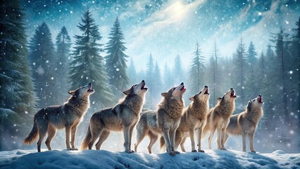 Naklejka premium A mesmerizing scene of a wolf pack howling in a snowy forest with snowflakes gently falling around them, beautiful, Christmas, harmony, winter, wild, holiday, animals, atmosphere,wolves