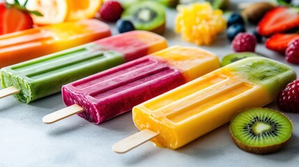 Colorful homemade popsicles arranged on a light surface featuring tropical fruit flavors