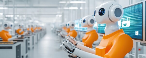 Fototapeta premium A futuristic factory scene showcasing robotic arms assembling products with precision and efficiency in a modern workspace.