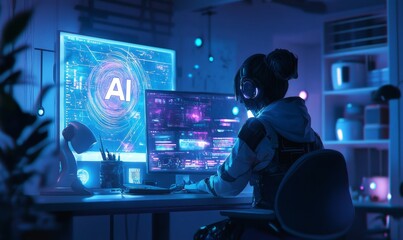 Cyberpunk woman working at computer with AI.