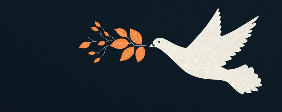 A serene illustration of a dove carrying an orange leaf branch, symbolizing peace and tranquility against a dark background.