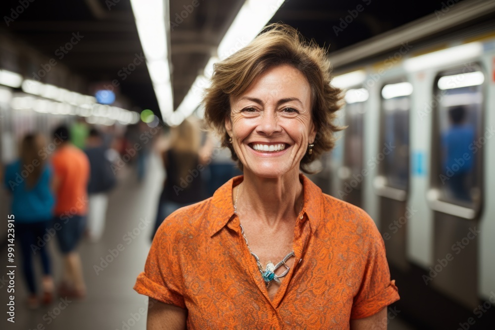 Canvas Prints Portrait of a grinning woman in her 50s donning a classy polo shirt over bustling city subway background