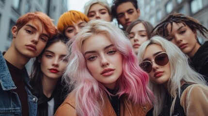 Fototapeta premium Diverse Friends with Trendy Hairstyles in Urban Setting