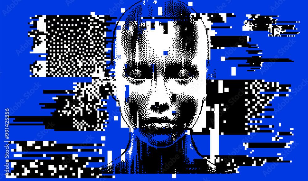 Poster a collage of pixelated head silhouette and visual glitches on a blue background. conceptual illustra