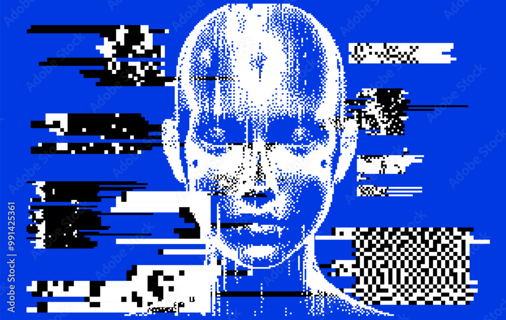 Poster a collage of pixelated head silhouette and visual glitches on a blue background. conceptual illustra