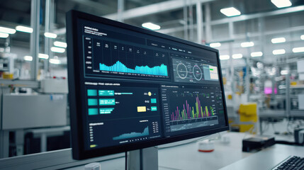 A modern monitor displaying data visualizations and analytics in a bright industrial environment.