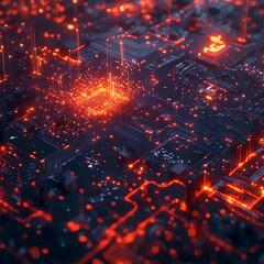 Fototapeta premium A glowing red CPU on a circuit board with red glowing wires, surrounded by red dots representing data, suggesting technological power and efficiency.