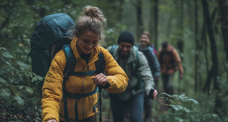 Obraz premium Friends Hiking Together in a Dense Forest