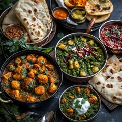 Traditional Indian Cuisine Feast with Curries and Naan