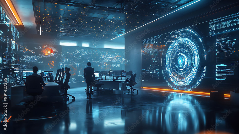 Aufkleber a futuristic command center with a team of analysts monitoring data on a large screen.