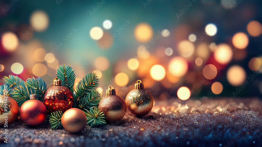 Poster Christmas and New Year background with bokeh lights and golden balls