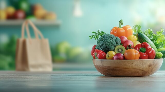 Bowl of fresh vegetables and fruits on wooden table with shopping bag in the background