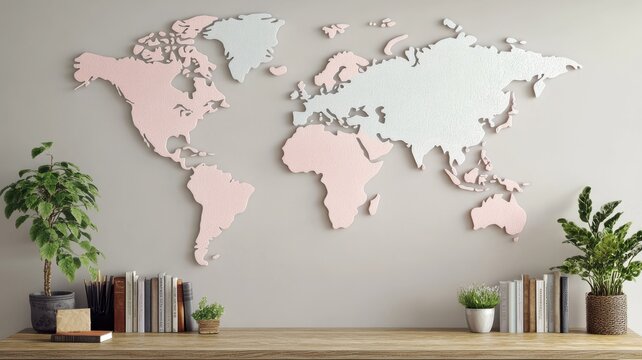 Stylish world map wall art decor in pastel colors, perfect for modern home or office interiors.