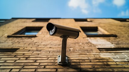 Close-up of a security camera on the exterior of a brick building, angled downwards to monitor the entrance, with clear skies in the background.