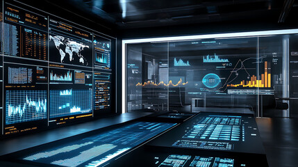 Obraz premium Futuristic office with glowing digital displays showing data and charts on walls and table.