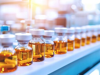 Close-up of glass vials containing amber liquid, showcasing pharmaceutical products in a modern laboratory setting.