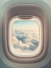 View from an airplane window, gazing at the blue sky and clouds