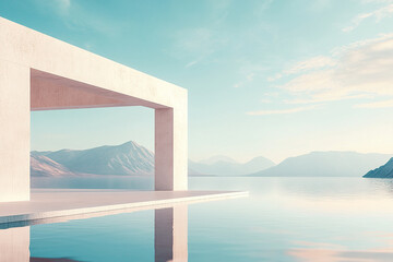 Fototapeta premium Abstract 3D rendering of minimalist style architectural space scene, mountain and lakeside building