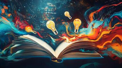 Obraz premium An open book with glowing light bulbs emerging from its pages, representing knowledge and inspiration.