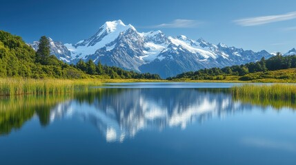 Panoramic view of snow-capped mountains reflected in a lake