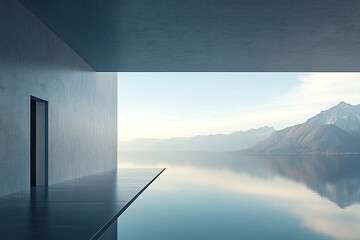 Abstract 3D rendering of minimalist style architectural space scene, mountain and lakeside building