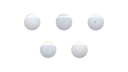 a set of white clear circles, empty stationery tacks in png format, front view, isolated metal push rounded pins on transparent background