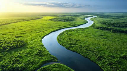 Serene Aerial View of Meandering River Cutting Through Lush Green Fields