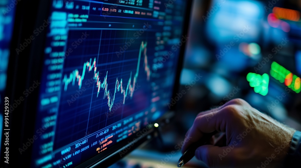 Poster investment analysis using chart data on a computer screen in a brightly lit trading environment duri