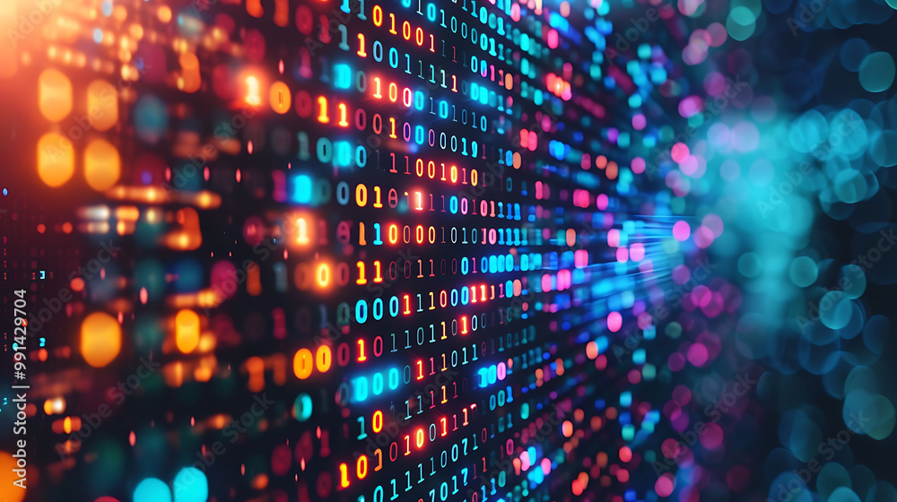 Poster abstract digital background with binary code and glowing lights.
