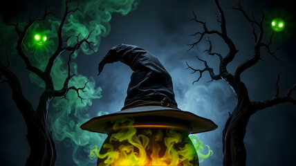 A mysterious witch's cauldron bubbling in a dark forest at midnight