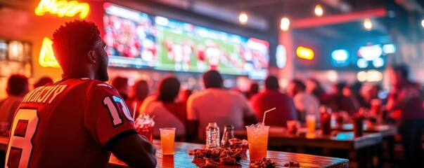 Excited fans gather in a lively sports bar, watching a game on multiple screens with drinks and snacks, creating an electric atmosphere.