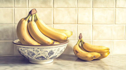 Bananas resting in a bowl on a marble countertop